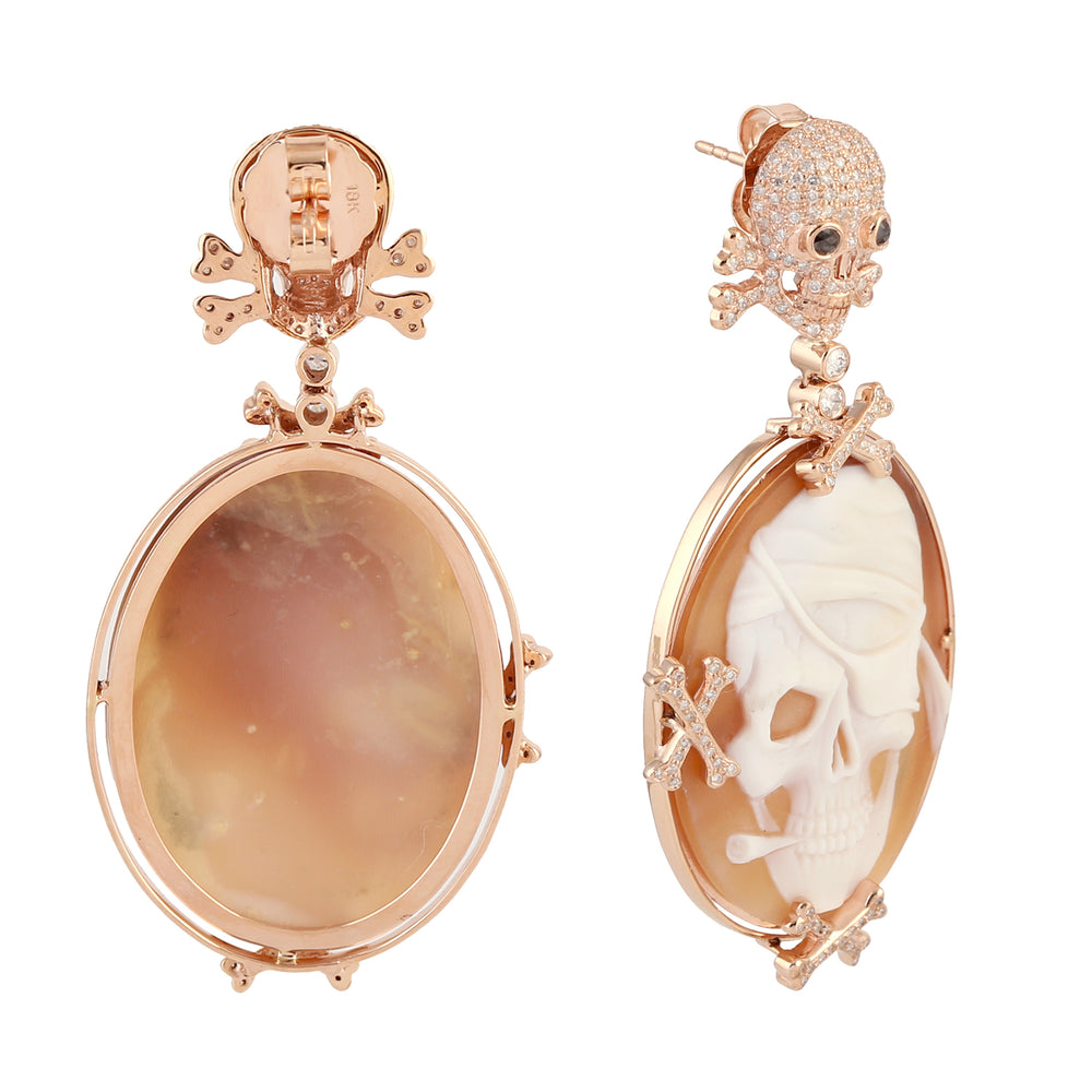 Oval Shall Cameo Pave Natural Diamond Dangler Halloween Jewelry In 18k Rose Gold