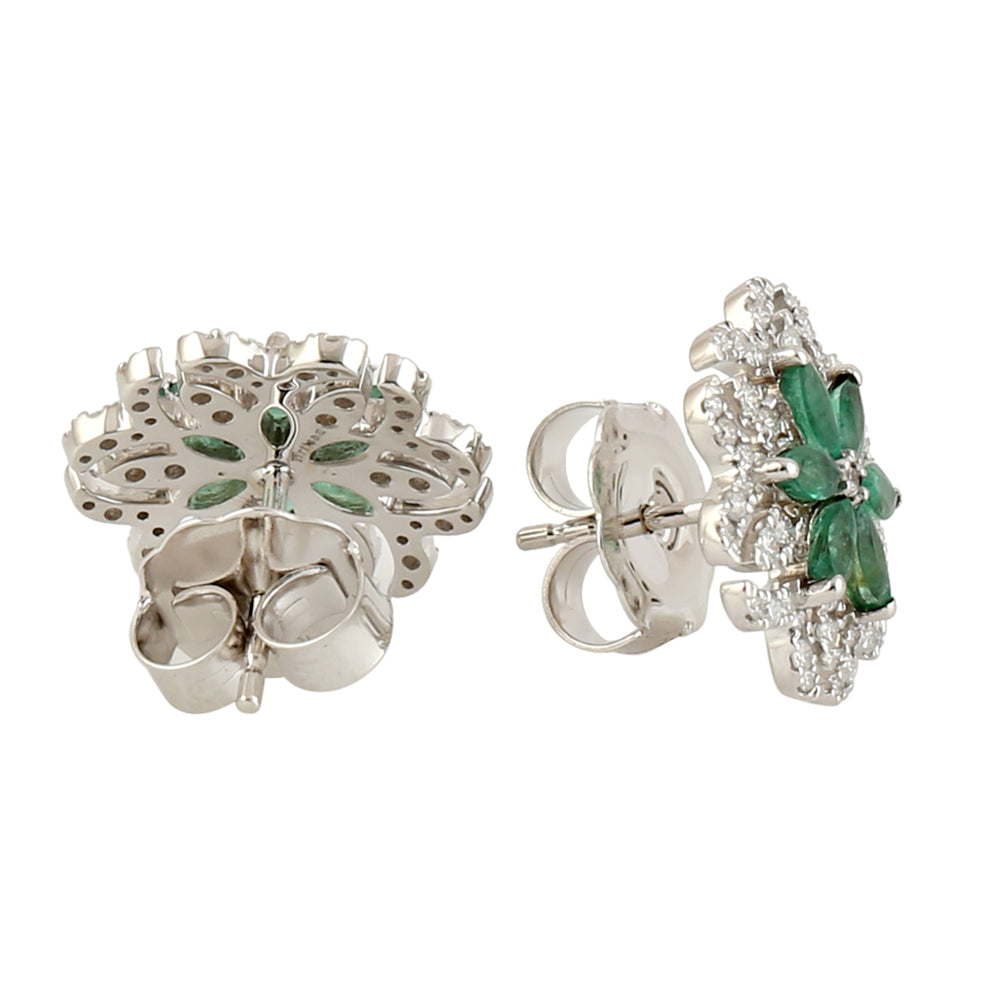 Marquise Emerald Pave Natural Diamond Floral Stud Earrings In 18k White Gold