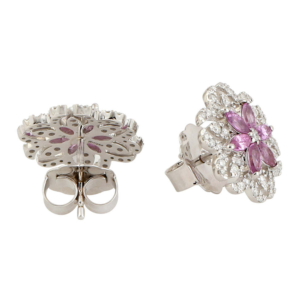 Marquise Cut Pink Sapphire Pave Diamond Floral Stud Earrings in 18k White Gold