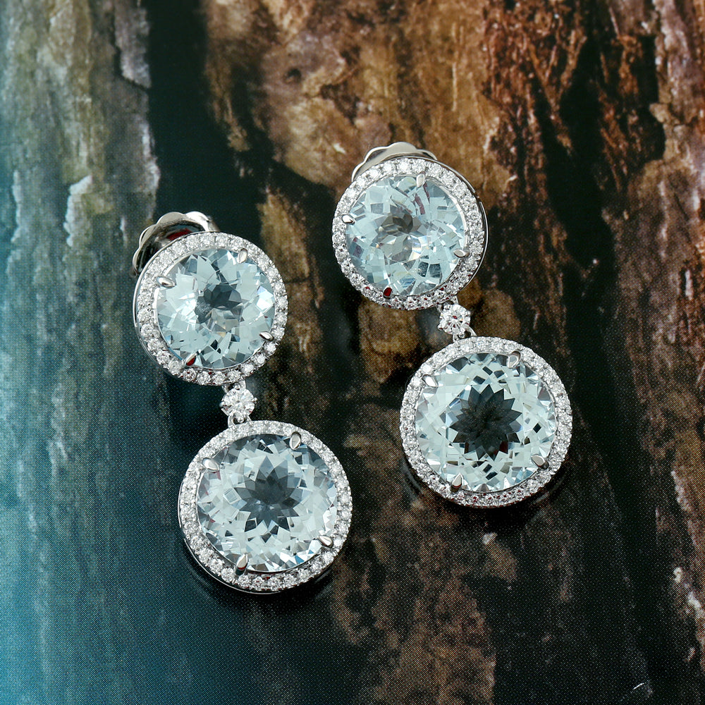 Aquamarine Pave Diamond Beautiful Dangle Earring In 18k White Gold