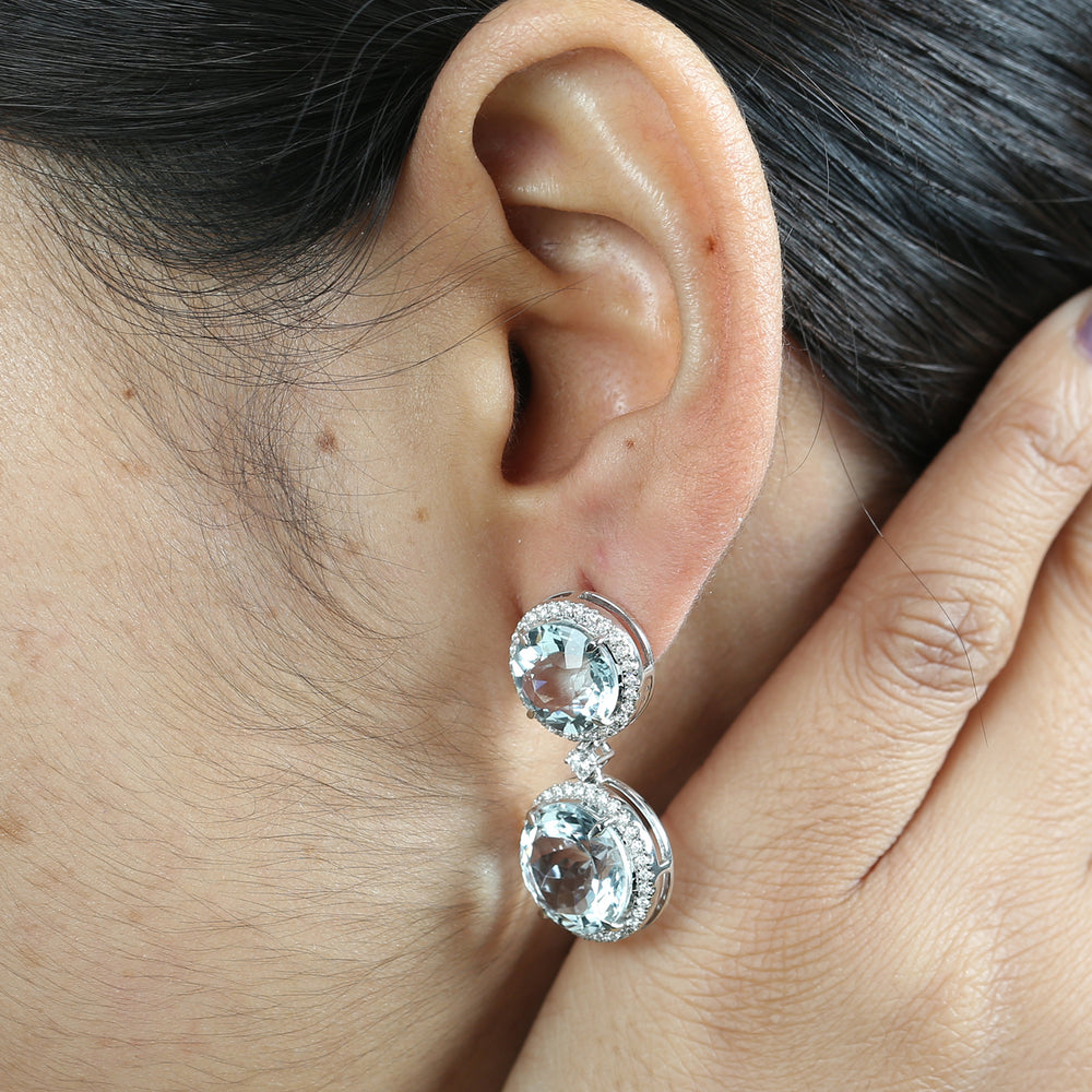 Aquamarine Pave Diamond Beautiful Dangle Earring In 18k White Gold