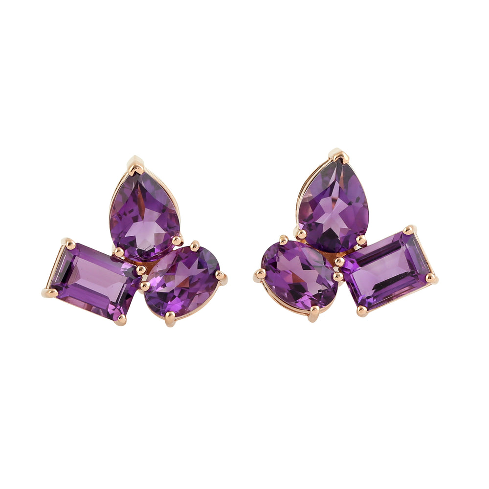 Amethyst Gemstone Three Stone Stud Earrings In 18k Rose Gold