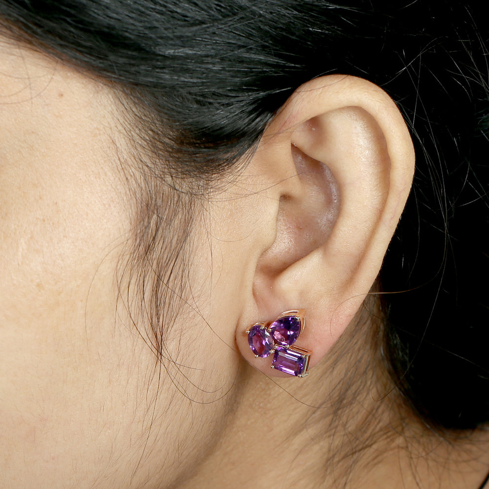 Amethyst Gemstone Three Stone Stud Earrings In 18k Rose Gold