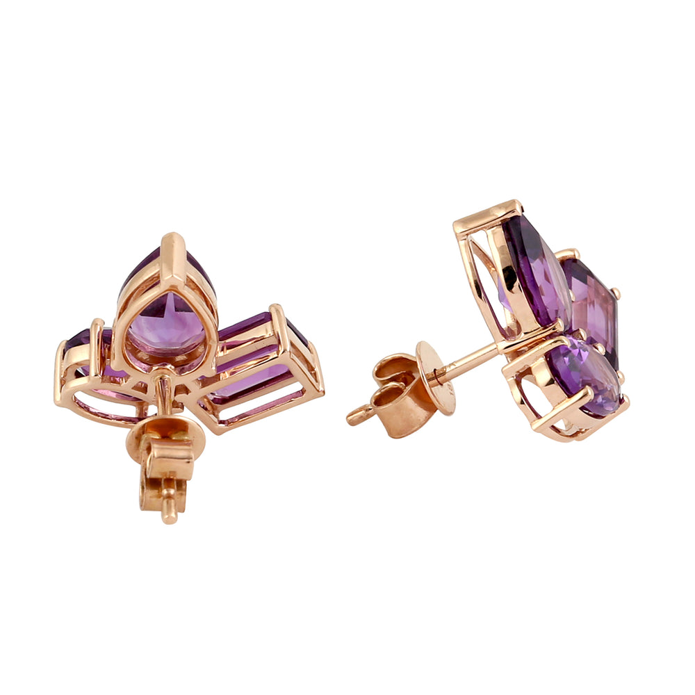 Amethyst Gemstone Three Stone Stud Earrings In 18k Rose Gold