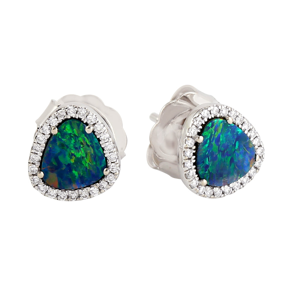 Trillion Cut Opal Doublet Micro Pave Diamond Halo Stud Earring In 18k White Gold