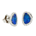 Trillion Cut Opal Doublet Pave Diamond Handmade Designer Stud Earrings In 18k White Gold