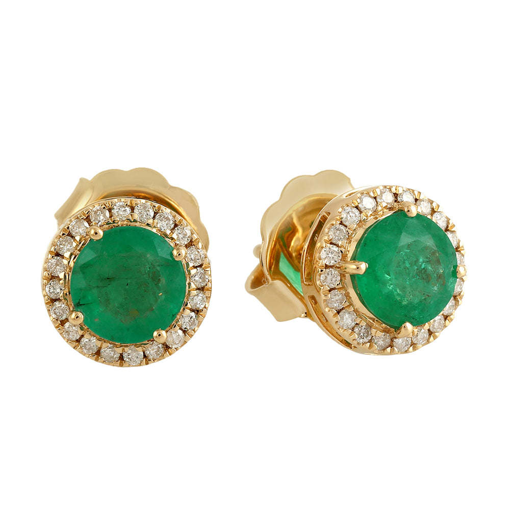 Natural Green Emerald Pave Diamond Halo Stud 18k Yellow Gold Daily Wear Jewelry