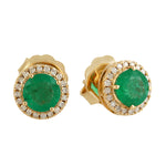 Natural Green Emerald Pave Diamond Halo Stud 18k Yellow Gold Daily Wear Jewelry