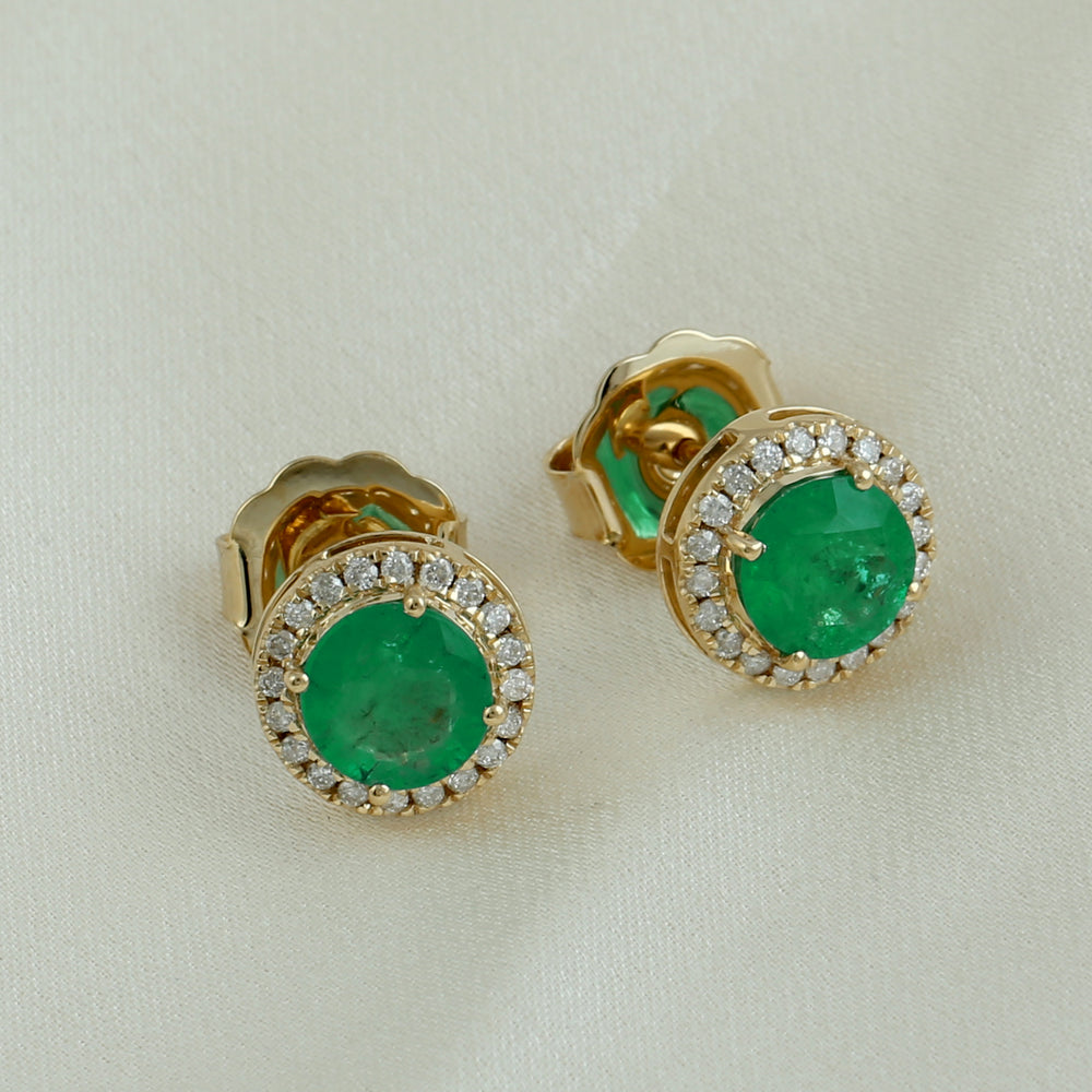 Natural Green Emerald Pave Diamond Halo Stud 18k Yellow Gold Daily Wear Jewelry