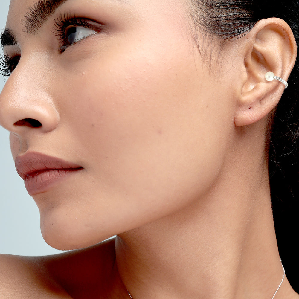 Round Pearl Gemstone Pave Diamond Ear Cuff Earrings In 14k White Gold