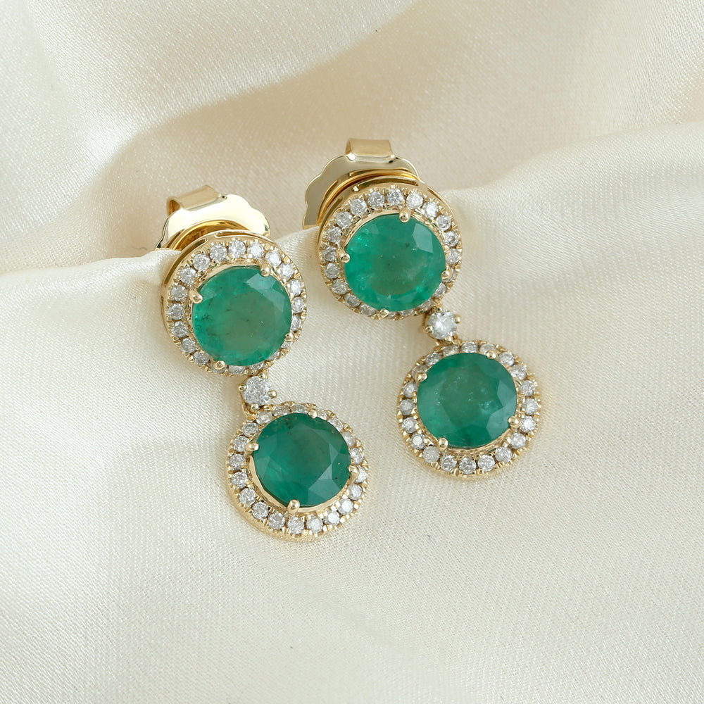 Pave Diamond Emerald Handmade 18k Yellow Gold Lightweight Danglers For Her