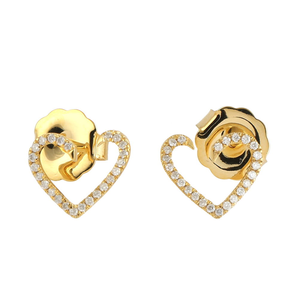 14K Yellow Gold Pave Natural Diamond Half Heart Stud Earrings For Valentine Gift