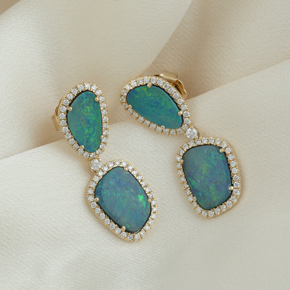 Natural Opal Doublet Pave Diamond Designer Earrings 18K Yellow Gold Gift For Her