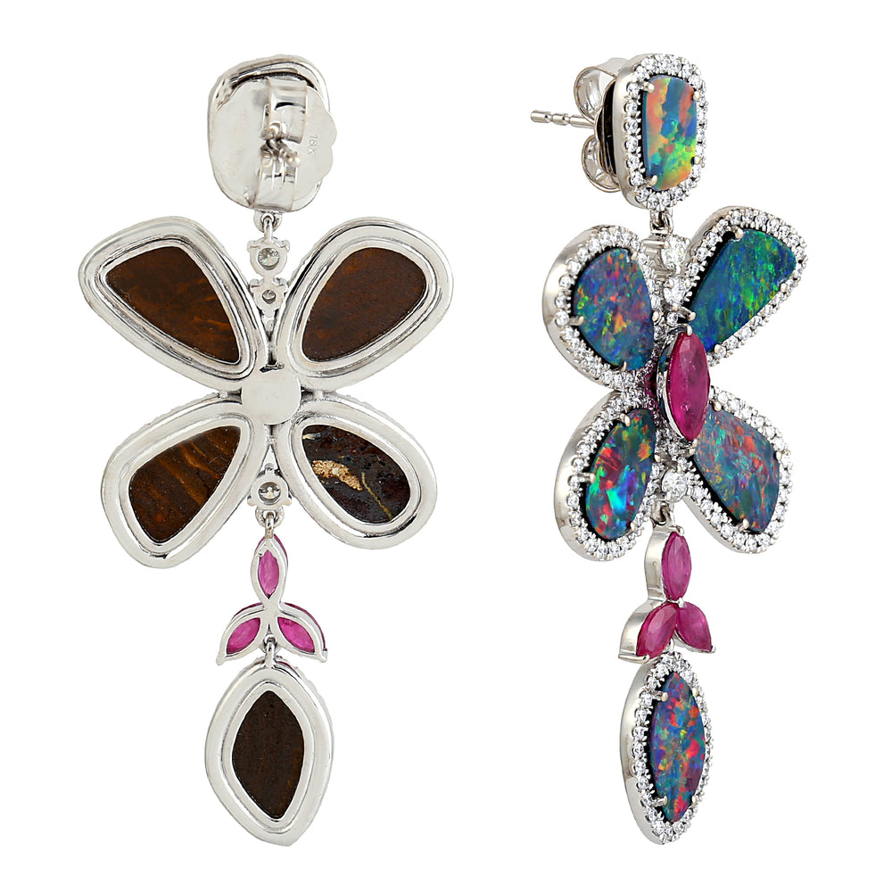 Opal Doublet Prong Marquise Ruby Pave Diamond Butterfly Dangler In White Gold