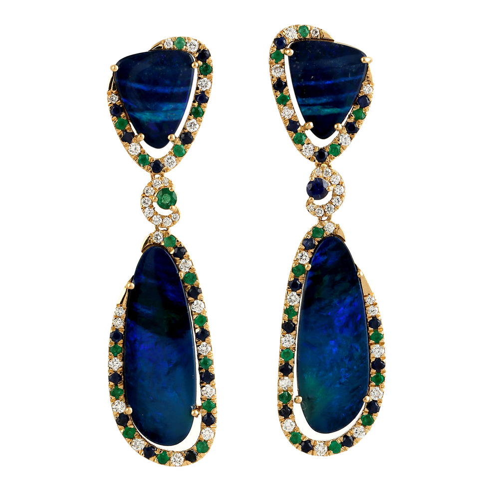 Opal Doublet Sapphire Emerald Diamond Handmade Beautiful 18k Yellow Gold Danglers For Women