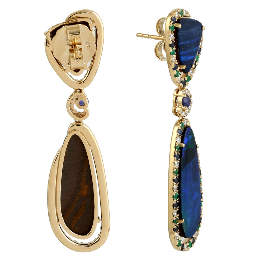 Opal Doublet Sapphire Emerald Diamond Handmade Beautiful 18k Yellow Gold Danglers For Women