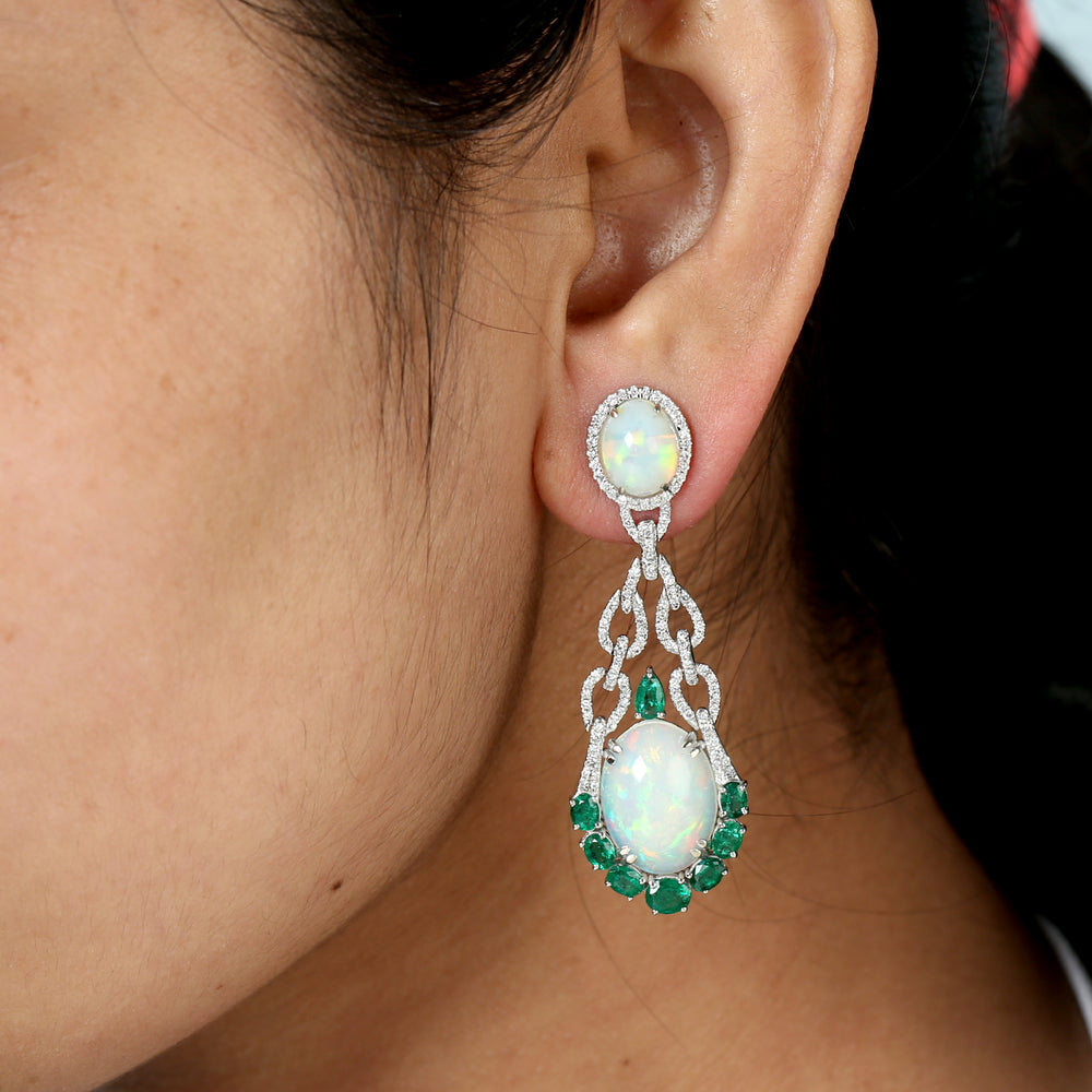 18K White Gold Opal Ethiopian, Emerald & Diamond Chandelier Drop Earrings
