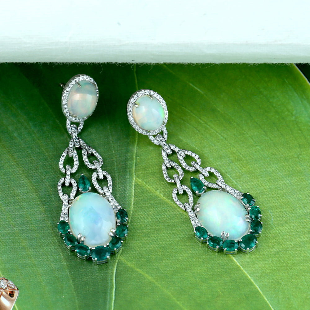 18K White Gold Opal Ethiopian, Emerald & Diamond Chandelier Drop Earrings
