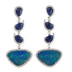 Pear Cut Blue Sapphire Triangle Opal Doublet Pave Diamond Designer Earrings In 18K White Gold For Women