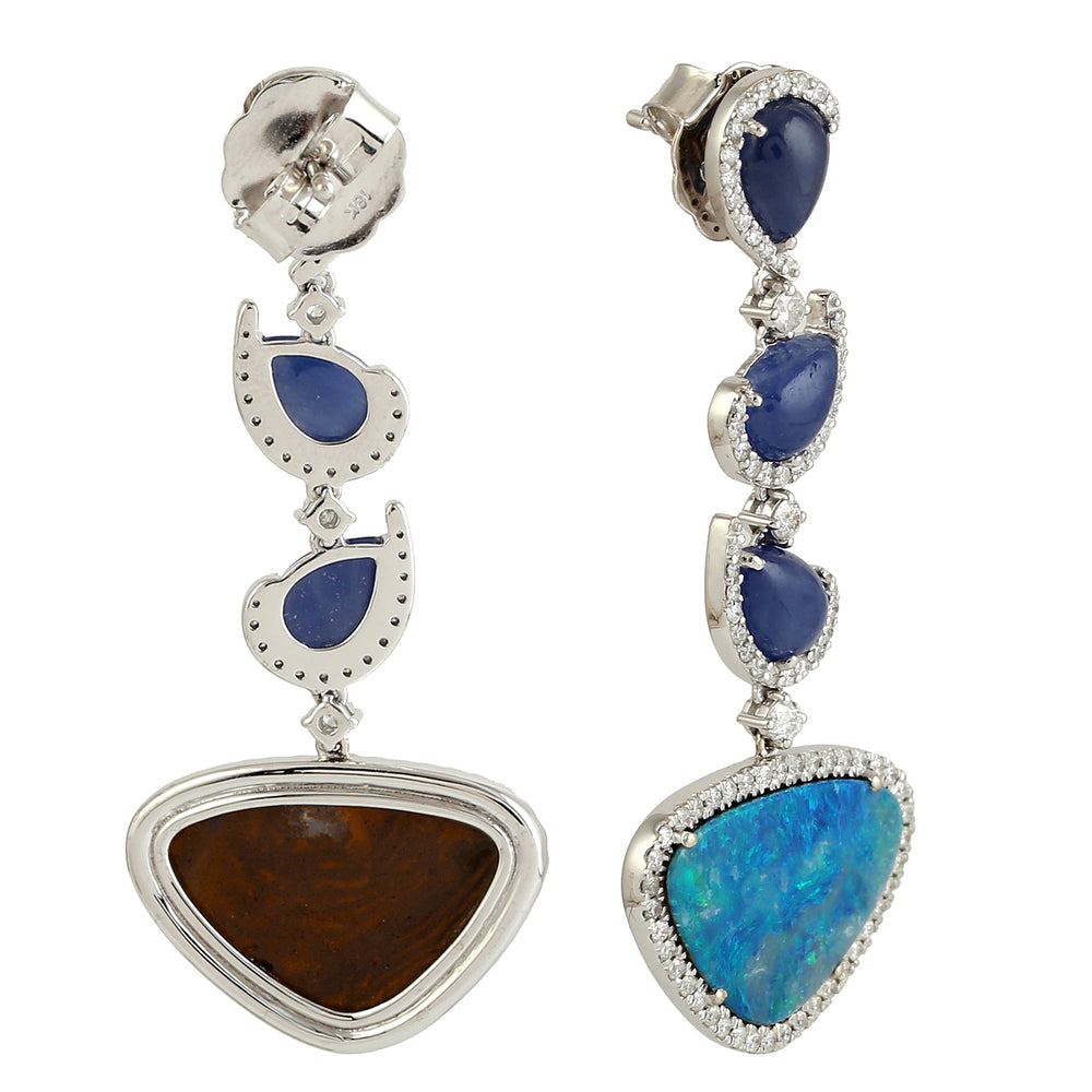 Pear Cut Blue Sapphire Triangle Opal Doublet Pave Diamond Designer Earrings In 18K White Gold For Women