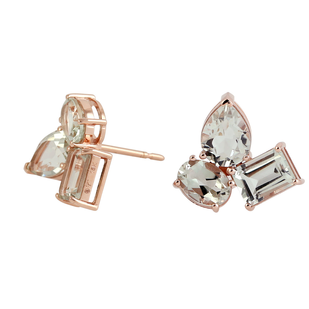 Green Amethyst February Birthstone Three Stone Stud Earrings In 18k Rose Gold