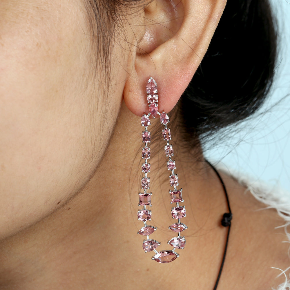 Pink Tourmaline Gemstone Chandelier Earrings In 18k White Gold