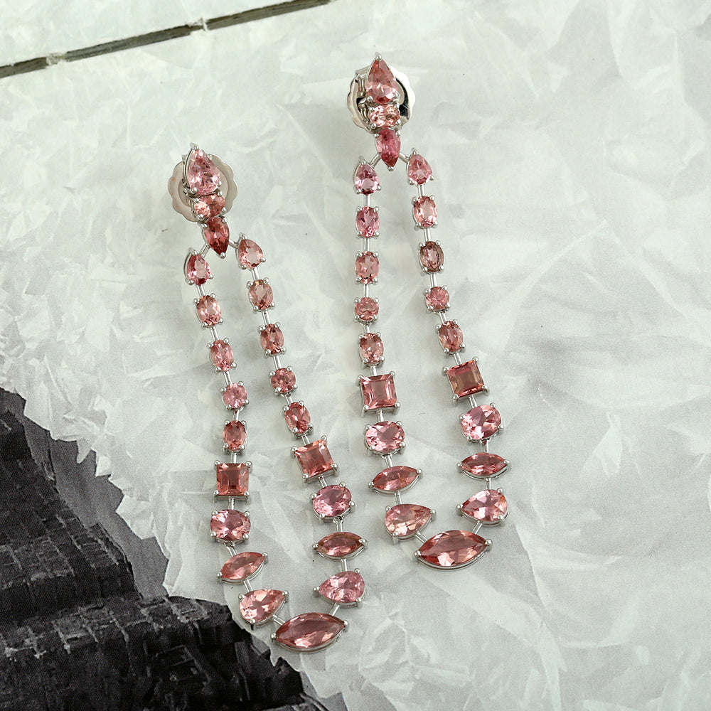 Pink Tourmaline Gemstone Chandelier Earrings In 18k White Gold
