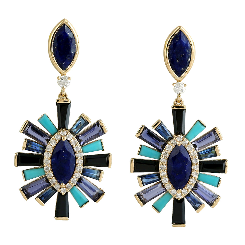 Tapered Baguette Lapis Lolite Spinel Sapphire Tourquoise Sunburst Design 18k Yellow Gold Danglers