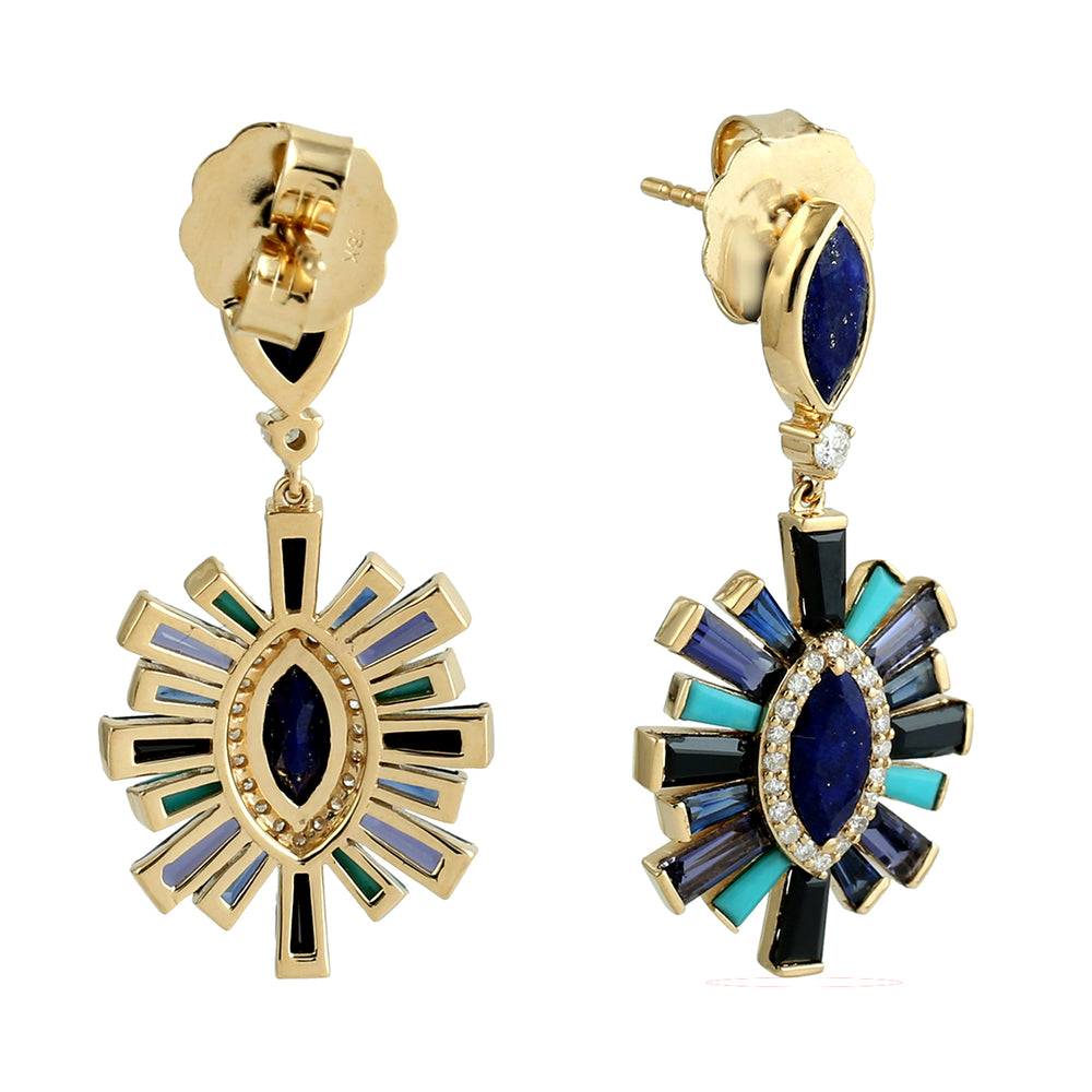 Tapered Baguette Lapis Lolite Spinel Sapphire Tourquoise Sunburst Design 18k Yellow Gold Danglers