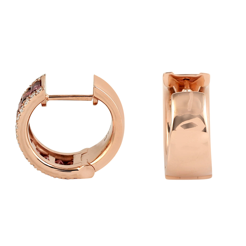Baguette Pink Tourmaline Pave Diamond Hoop Earrings In 18k Rose Gold