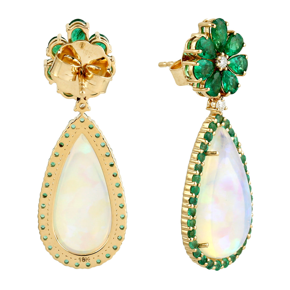 Opal Ethiopian Pear Cut Emerald Prong Diamond Drop Dangler In 18K Yellow Gold