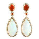 Oval Cut Fire Opal Pear Opal Ethiopian Pave Diamond 18K Yellow Gold Dangle Handmade Fine Earrings