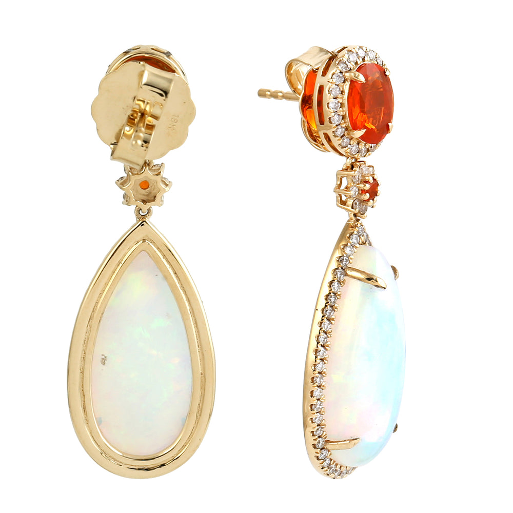 Oval Cut Fire Opal Pear Opal Ethiopian Pave Diamond 18K Yellow Gold Dangle Handmade Fine Earrings