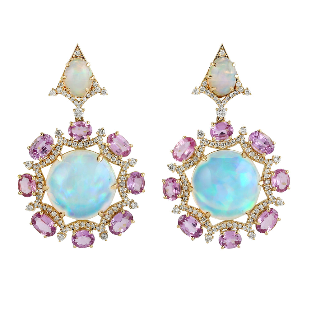 Pink Sapphire Opal Ethopian Diamond 18k Yellow Gold Designer Danglers For Women