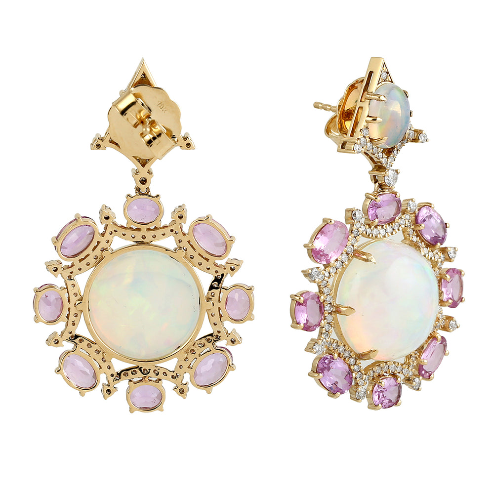 Pink Sapphire Opal Ethopian Diamond 18k Yellow Gold Designer Danglers For Women