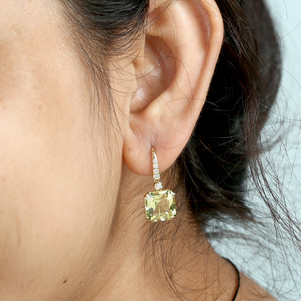 14K Yellow Gold Hook Earrings with Lemon Quartz & Pave Diamonds