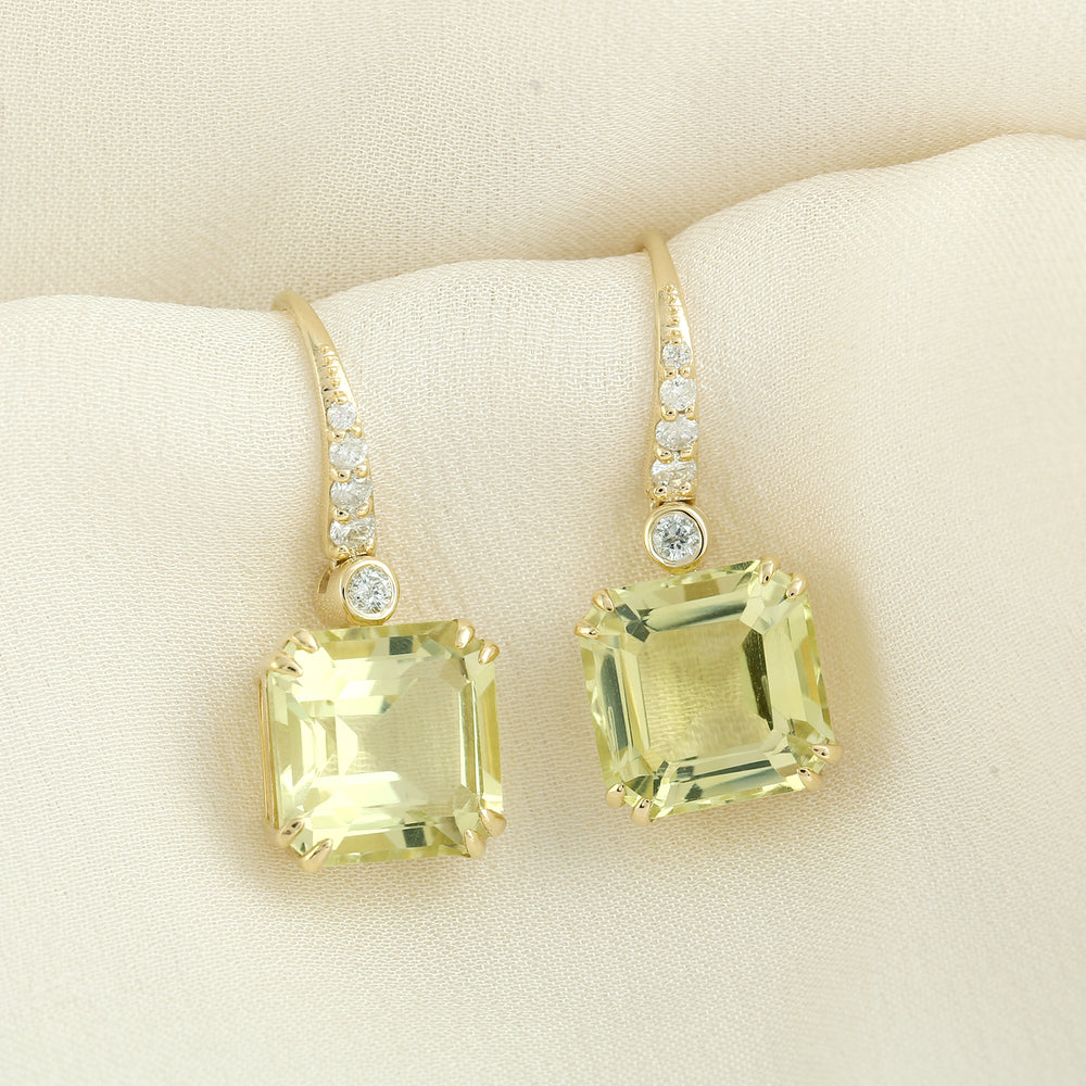 14K Yellow Gold Hook Earrings with Lemon Quartz & Pave Diamonds