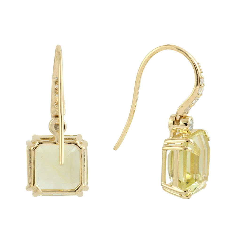 14K Yellow Gold Hook Earrings with Lemon Quartz & Pave Diamonds