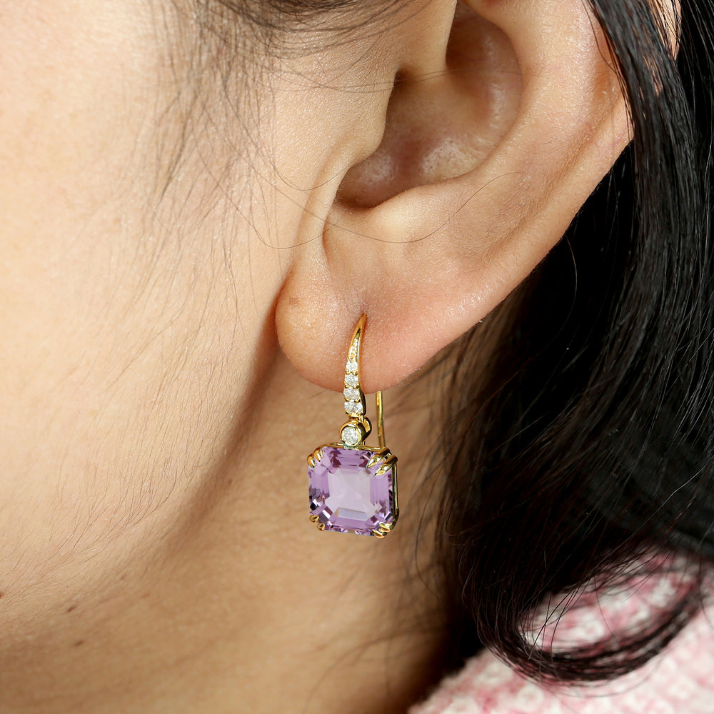 14K Yellow Gold Hook Earrings with Square Amethyst & Pave Diamonds