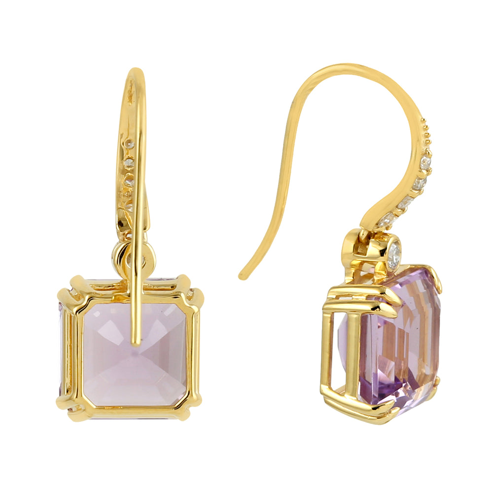14K Yellow Gold Hook Earrings with Square Amethyst & Pave Diamonds