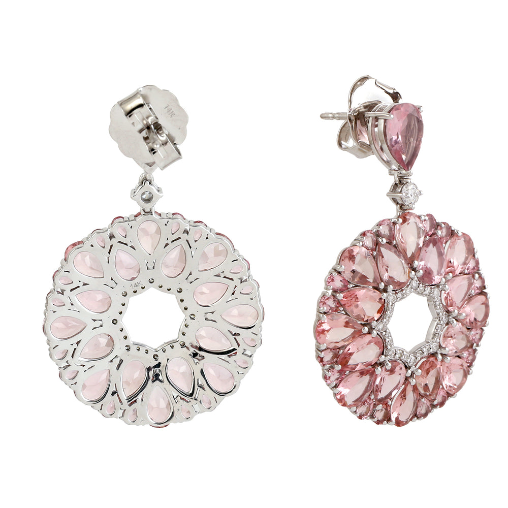 Pear Cut Pink Tourmaline Pave Diamond Beautiful Cluster Earrigns In 14k White Gold