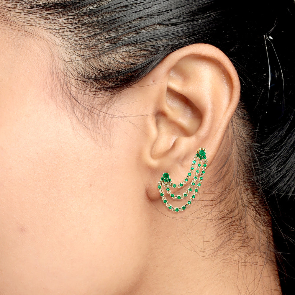 14K Yellow Gold Prong Precious Emerald Gemstone Chandelier Earrings