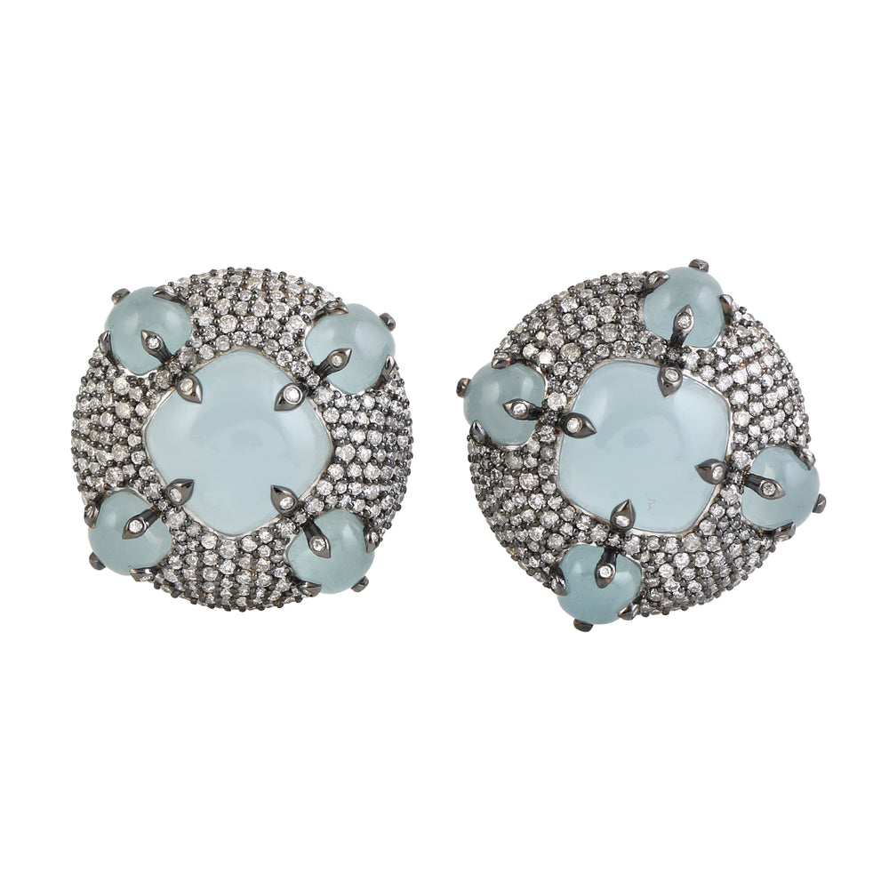 Cushion Cut Aquamarine Gemstone Pave Diamond 14K White Gold Designer Stud Clip On Jewelry