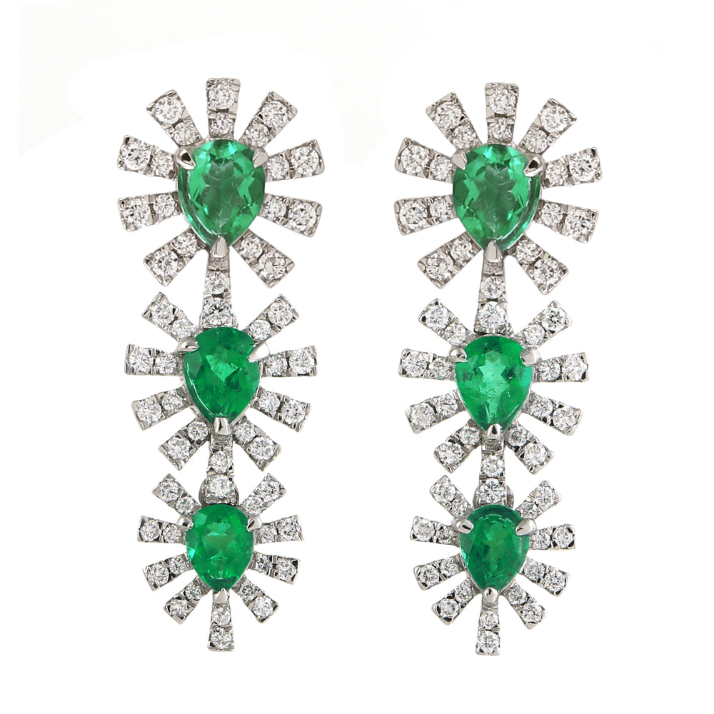 Sparking Pear Cut Emerald Pave Diamond Designer Dangle Earrings In 18K White Gold Jewelry