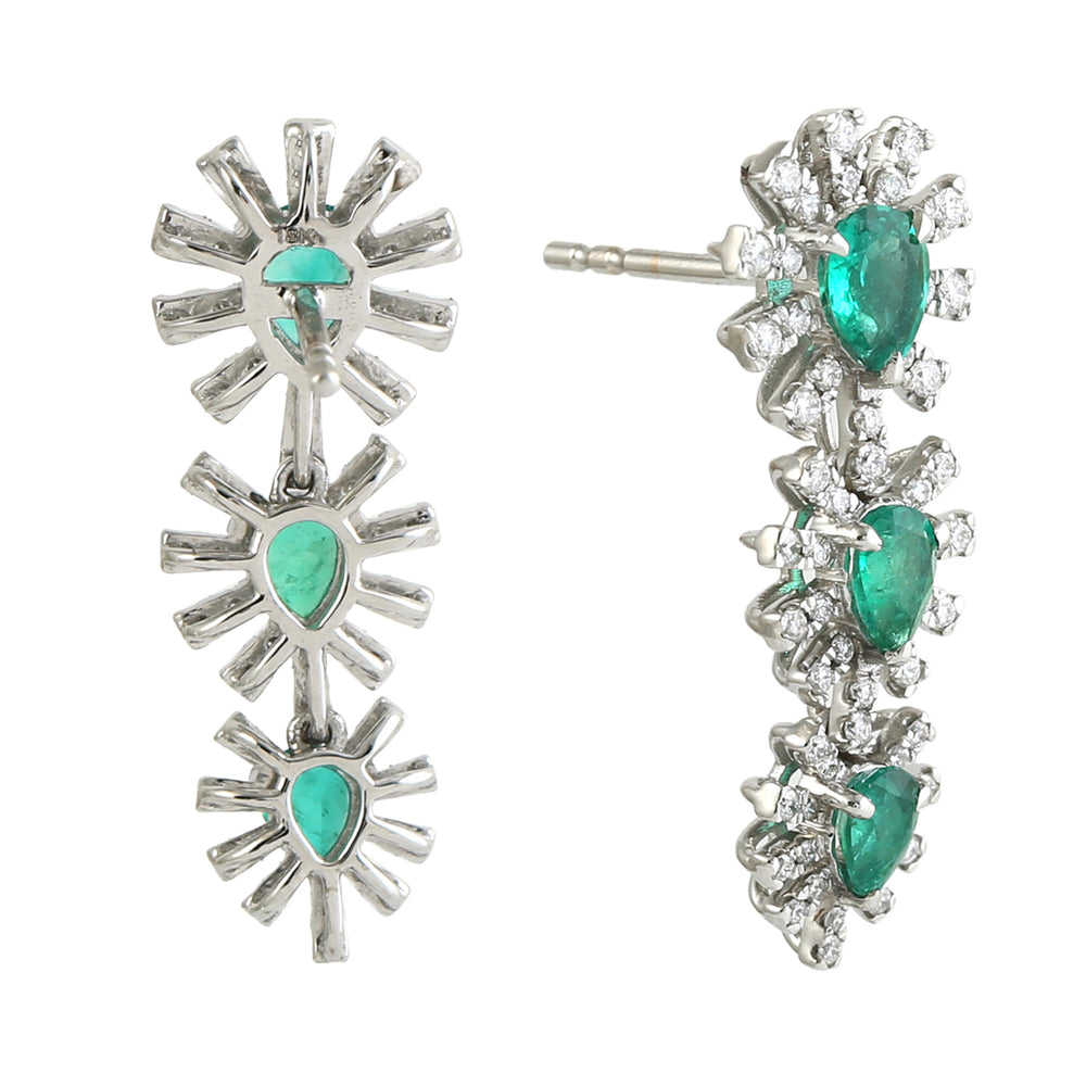 Sparking Pear Cut Emerald Pave Diamond Designer Dangle Earrings In 18K White Gold Jewelry