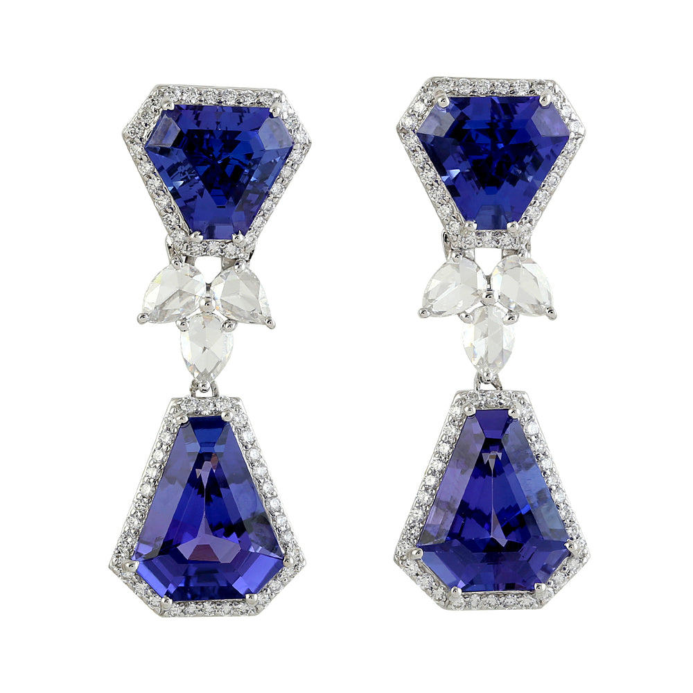 Hexagon Tanzanite Diamond 18k White Gold Handmade Beautiful Danglers For Her