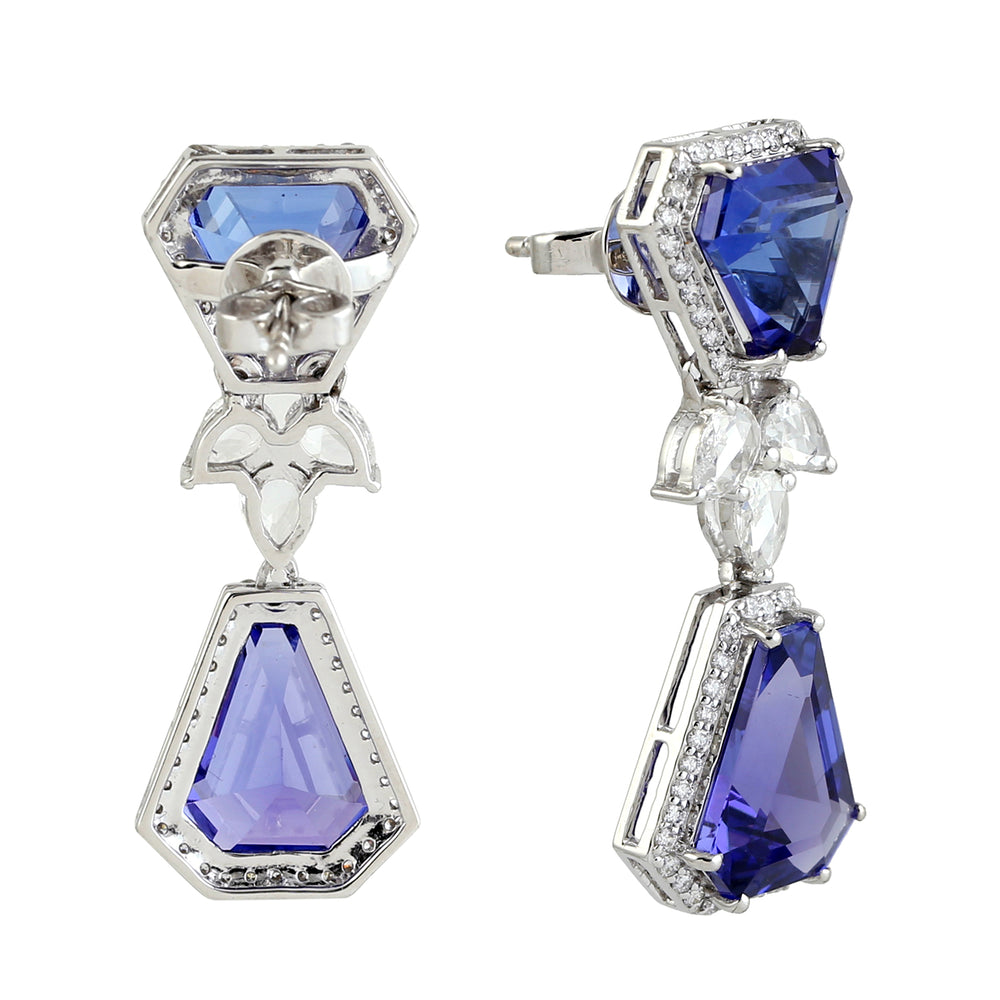 Tanzanite Gemstone Rose Cut Diamond In 18k White Gold Beautiful Danglers