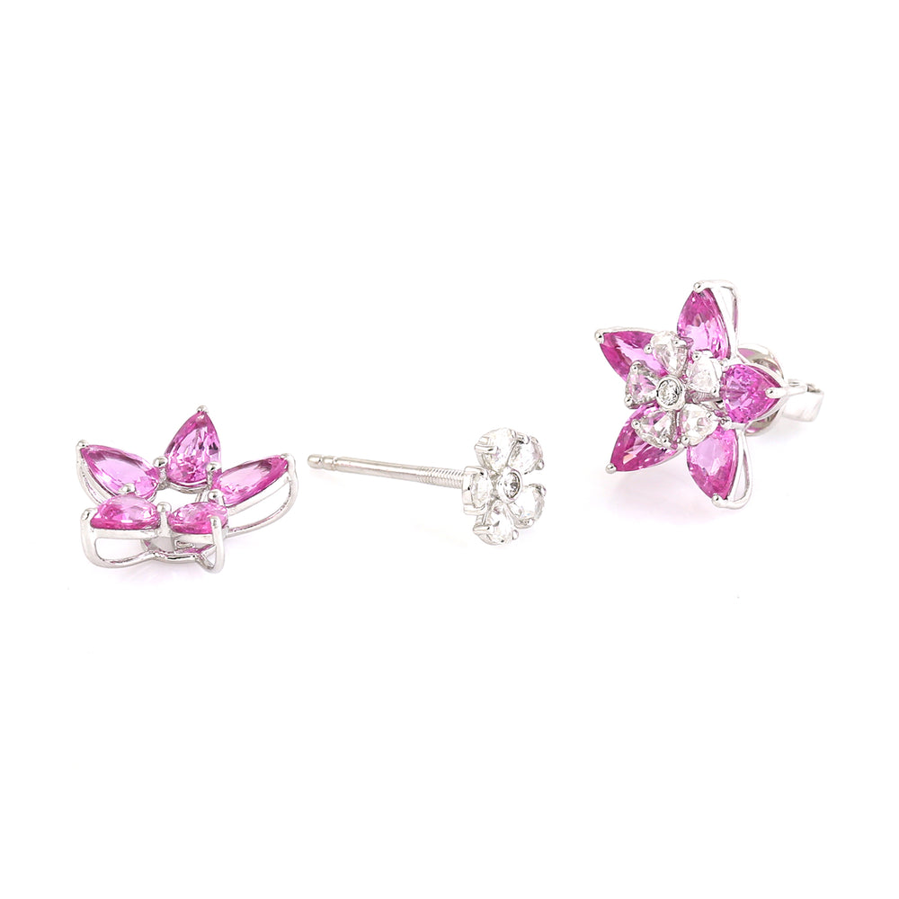 Marquise Pink Sapphire Gemstone Rose Cut Diamond In Daisy Stud In 18k White Gold