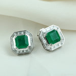 Channel Set Diamond Natural Emerald Stud Earrings In 18k White Gold For Women