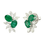 18K White Gold Marquise Rose Diamond Oval Emerald Stud Earrings For Birthday Gifts